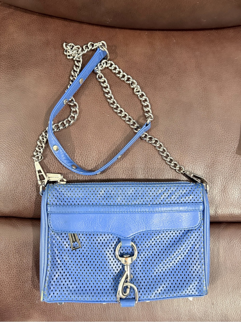 Perforated Blue Leather Crossbody with Silver Chain and Clasp Detail